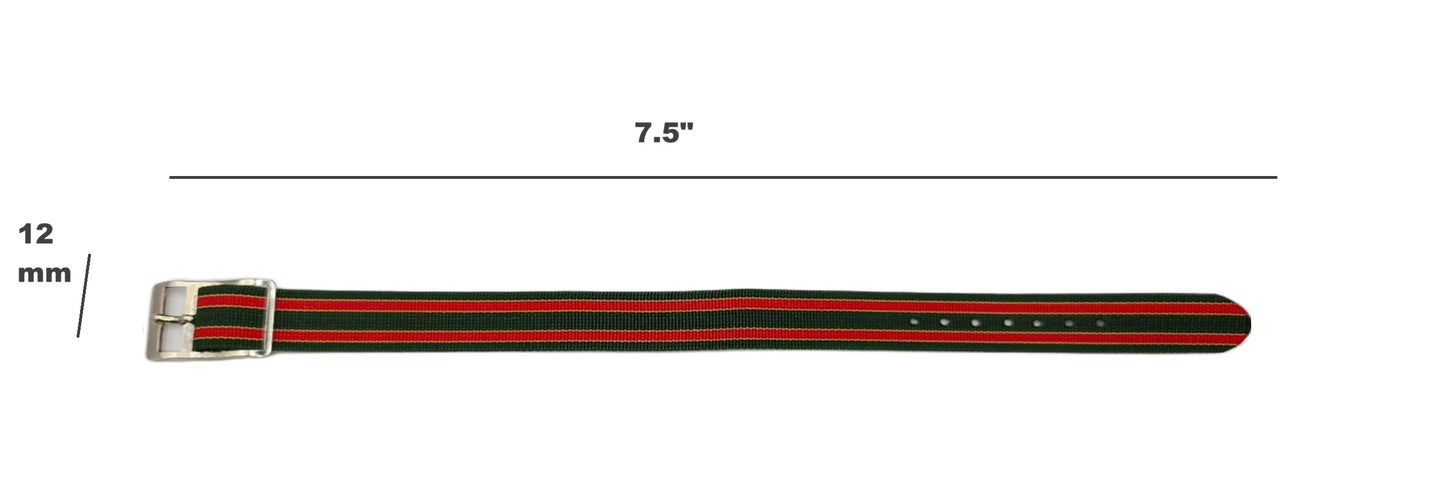 Vintage Style Retro One Piece Nylon Sport Watch Bands in Striped Red & Green for 12mm Watch Lugs