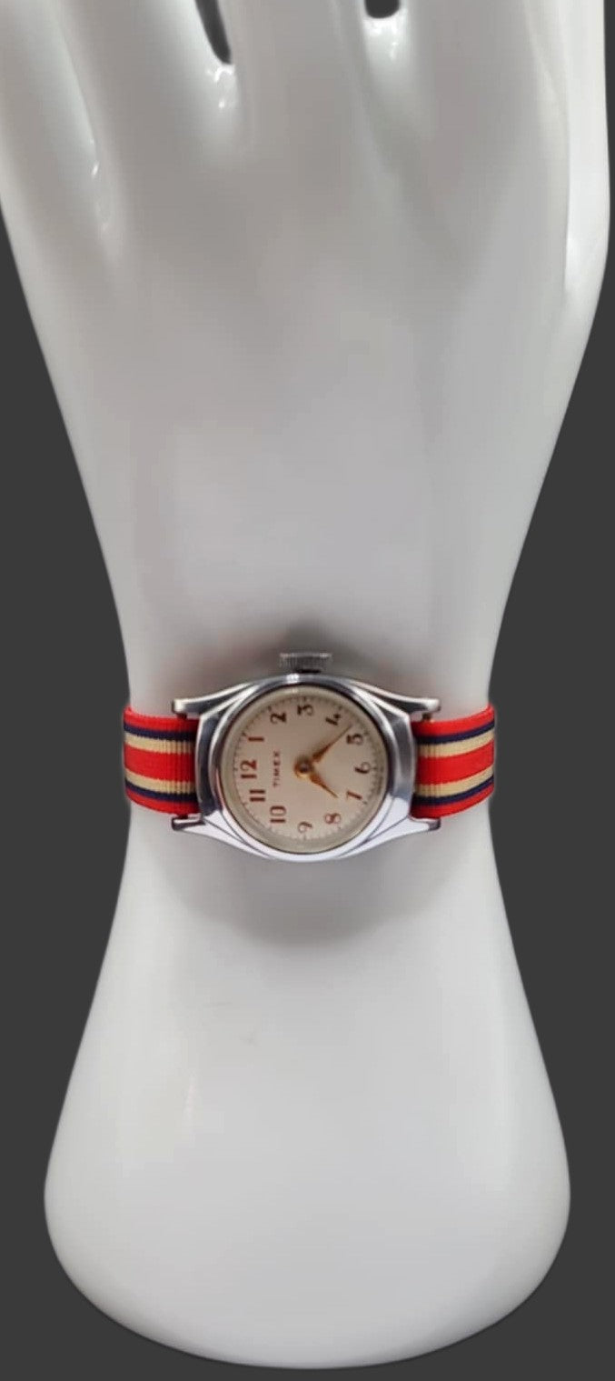 Vintage Style Retro One Piece Nylon Sport Watch Bands in Striped Red & Navy & Tan for 12mm Watch Lugs