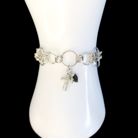 De' Medici Silver Cross & Black Heart Jewelry Collection-Earrings and Bracelet in Chain Maille