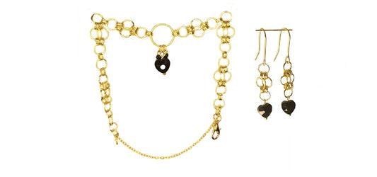 De' Medici Black Heart Collection-Bracelet & Earring Set in 14k gold plate, 14k gold fill & brass