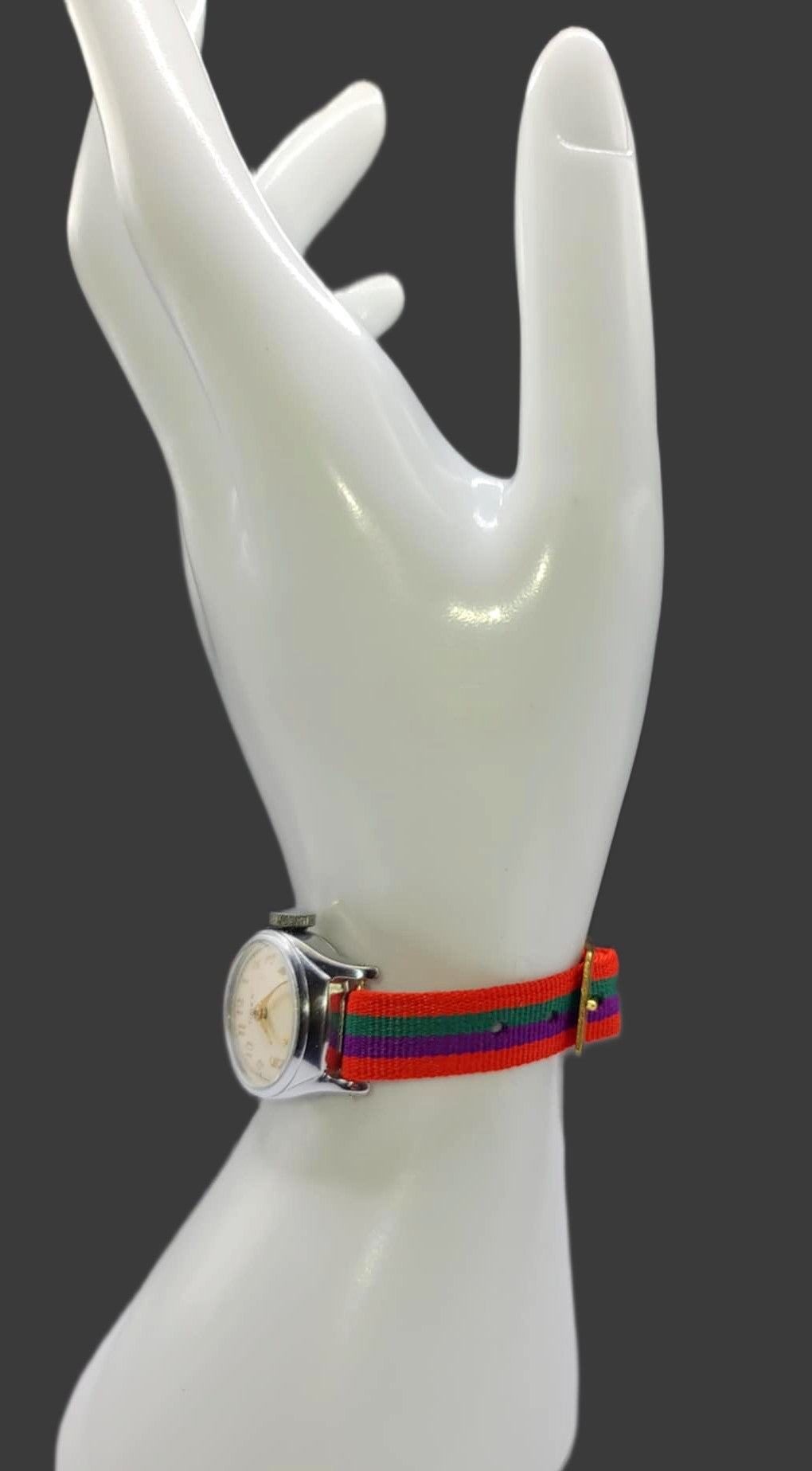 Vintage Style Retro One Piece Nylon Sport Watch Bands in Striped Red, Green & Purple for 12mm Watch Lugs