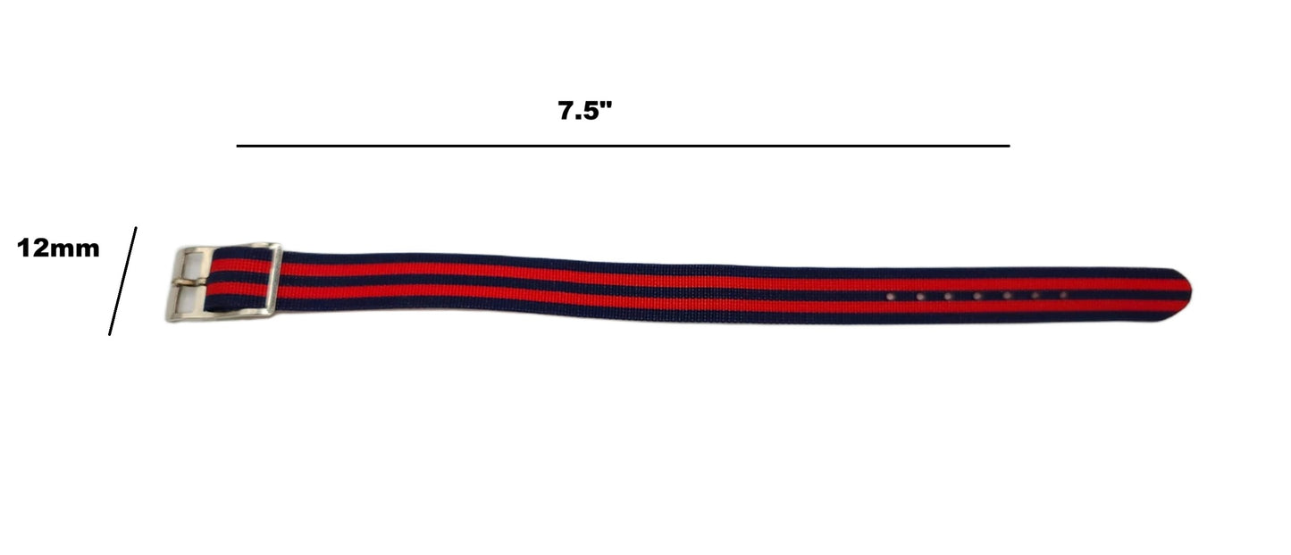 Vintage Style Retro One Piece Nylon Sport Watch Bands in Striped Red & Navy for 12mm Watch Lugs