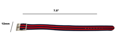 Vintage Style Retro One Piece Nylon Sport Watch Bands in Striped Red & Navy for 12mm Watch Lugs