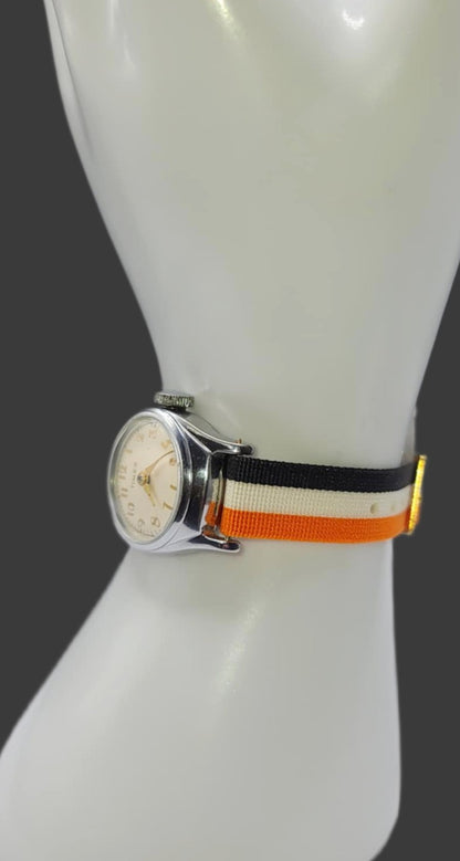 Vintage Style Retro One Piece Nylon Sport Watch Bands in Striped Orange, White & Navy for 12mm Watch Lugs