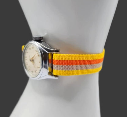 Vintage Style Retro One Piece Nylon Sport Watch Bands in Striped Yellow, Orange & Beige for 12mm Watch Lugs
