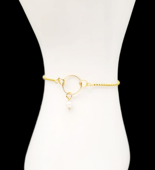 Tiny White Pearl Charm Ring on Slider Bracelet