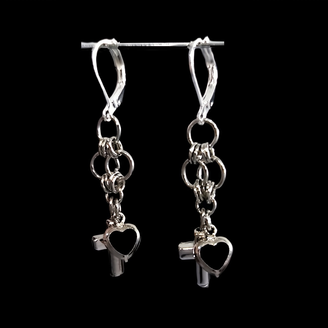 Silver Cross & Black Heart -Earrings in Chain Maille