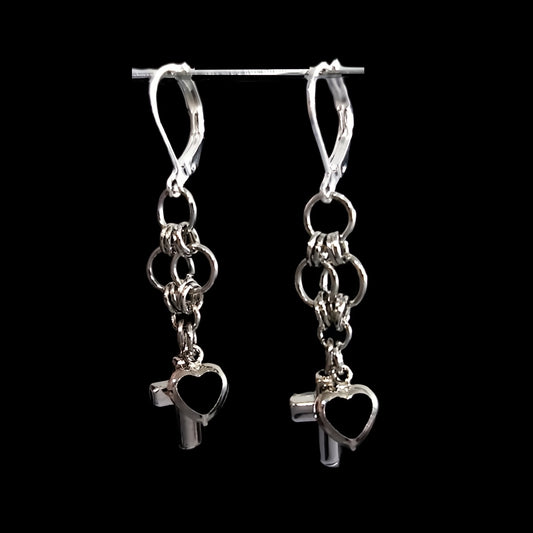 De' Medici Silver Cross & Black Heart -Earrings in Chain Maille