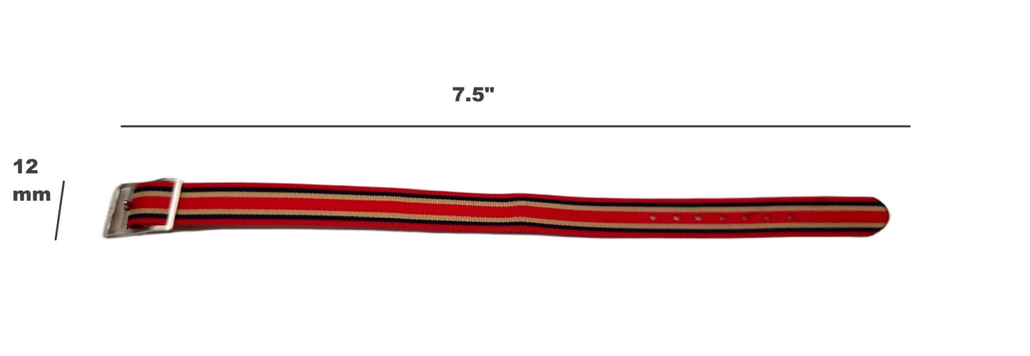 Vintage Style Retro One Piece Nylon Sport Watch Bands in Striped Red & Navy & Tan for 12mm Watch Lugs