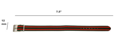 Vintage Style Retro One Piece Nylon Sport Watch Bands in Striped Red & Green for 12mm Watch Lugs