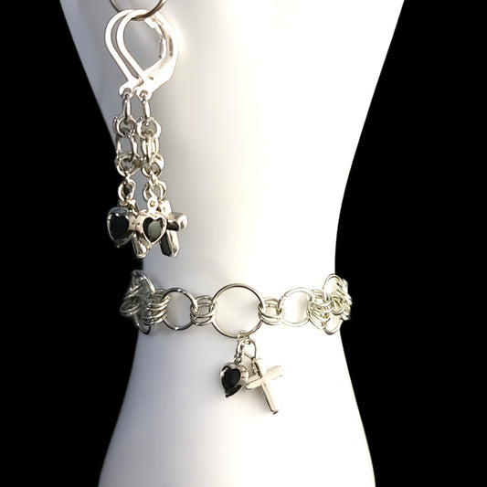 De' Medici Silver Cross & Black Heart Jewelry Collection-Earrings and Bracelet in Chain Maille
