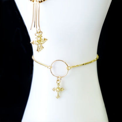 Gold & Moissanite Cross Set-Bracelet and Earrings in 14k Gold Fill, 14k Gold Plate & Brass
