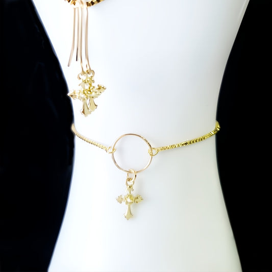 Gold & Moissanite Cross Set-Bracelet and Earrings in 14k Gold Fill, 14k Gold Plate & Brass