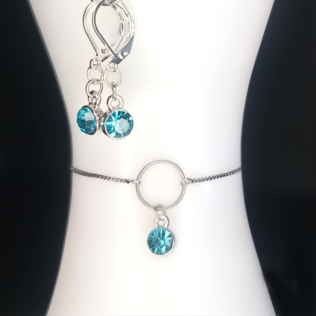 Aquamarine - March Birthstone Set of Earrings & Bracelet in Sterling Silver & Stainless Steel