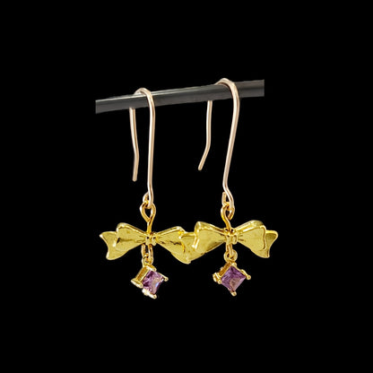 Amethyst & Bows-Set of Earrings, Bracelet & Necklace in 14k gold plate, 14k gold fill, Brass & Stainless Steel