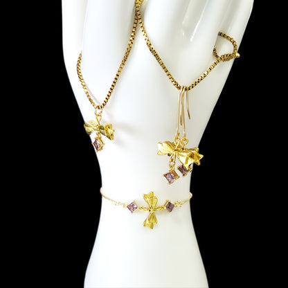 Amethyst & Bows-Set of Earrings, Bracelet & Necklace in 14k gold plate, 14k gold fill, Brass & Stainless Steel