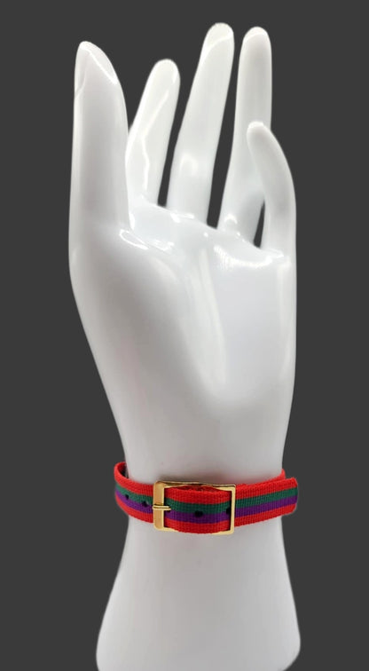 Vintage Style Retro One Piece Nylon Sport Watch Bands in Striped Red, Green & Purple for 12mm Watch Lugs