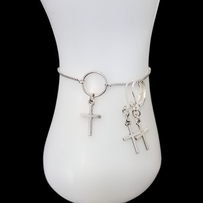 Cross Collection-Stainless & Sterling Simple Silver Cross Set of Earrings & Bracelet