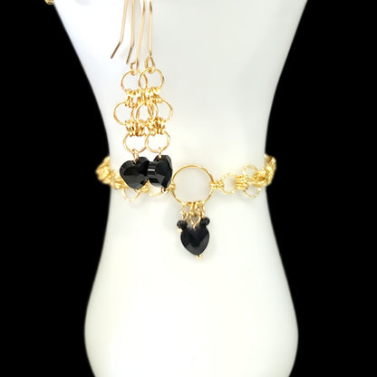 De' Medici Black Heart Collection-Bracelet & Earring Set in 14k gold plate, 14k gold fill & brass