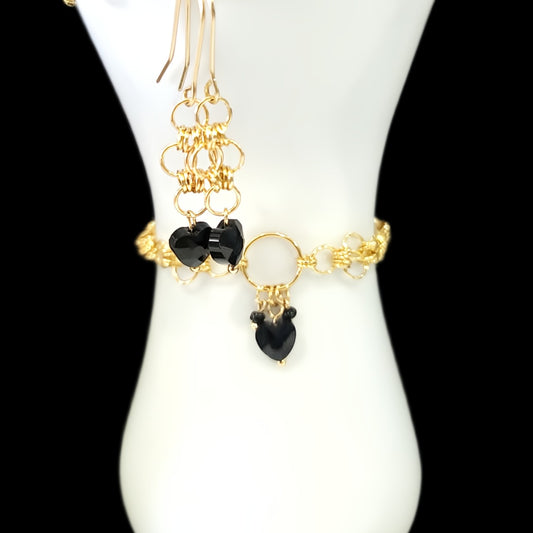 De' Medici Black Heart Collection-Bracelet & Earring Set in 14k gold plate, 14k gold fill & brass