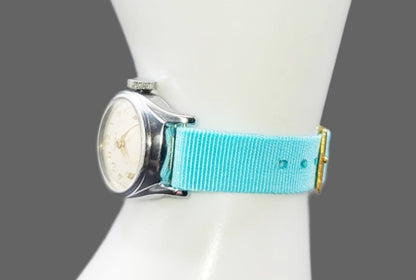 Vintage Style Retro One Piece Nylon Sport Watch Bands in Pastel Baby Blue for 12mm Watch Lugs