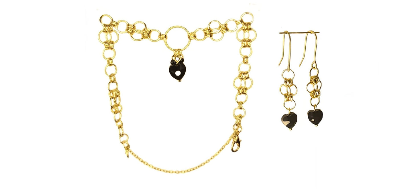 De' Medici Black Heart Collection-Bracelet & Earring Set in 14k gold plate, 14k gold fill & brass