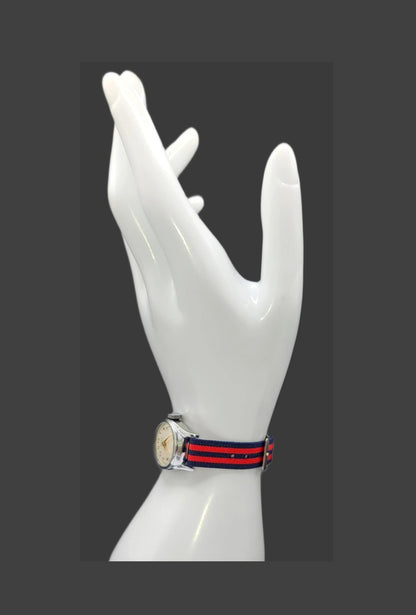 Vintage Style Retro One Piece Nylon Sport Watch Bands in Striped Red & Navy for 12mm Watch Lugs