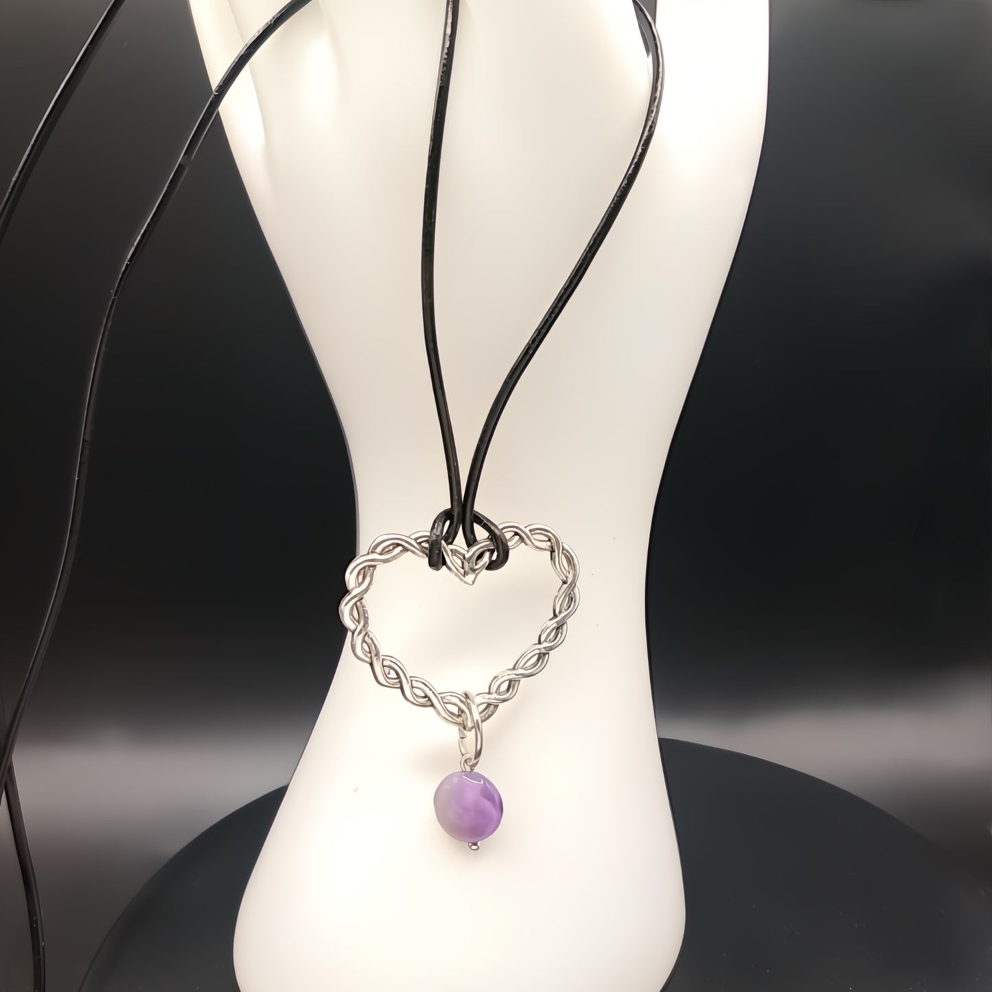 Silver Heart Purple Amethyst Leather Necklace