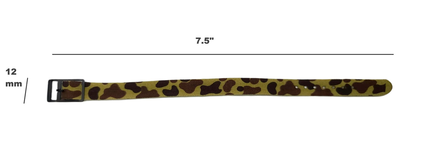 Vintage Style Retro One Piece Nylon Sport Watch Bands in Camo for 12mm Watch Lugs