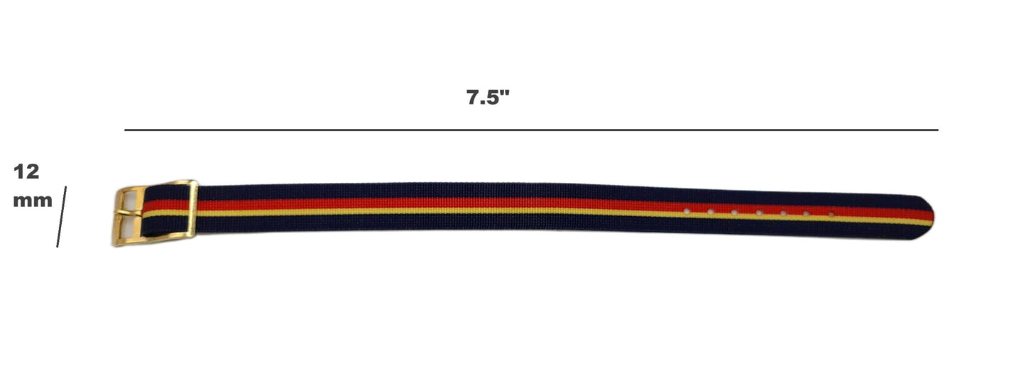 Vintage Style Retro One Piece Nylon Sport Watch Bands in Striped Red, Yellow & Navy for 12mm Watch Lugs