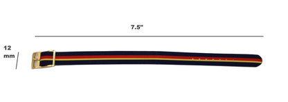 Vintage Style Retro One Piece Nylon Sport Watch Bands in Striped Red, Yellow & Navy for 12mm Watch Lugs