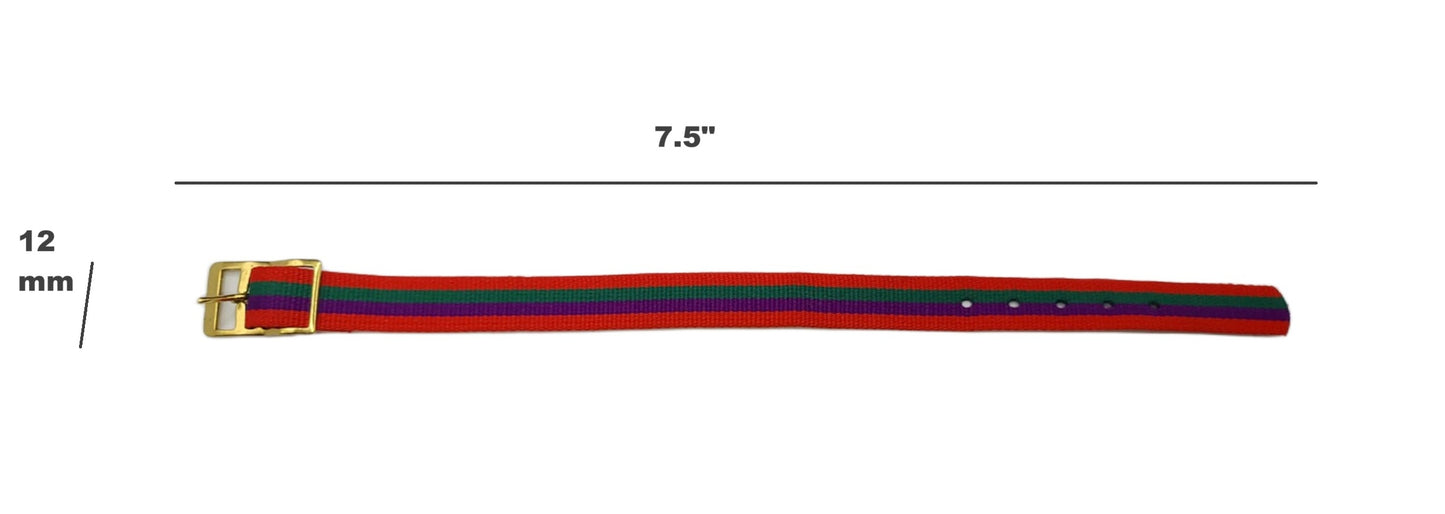 Vintage Style Retro One Piece Nylon Sport Watch Bands in Striped Red, Green & Purple for 12mm Watch Lugs