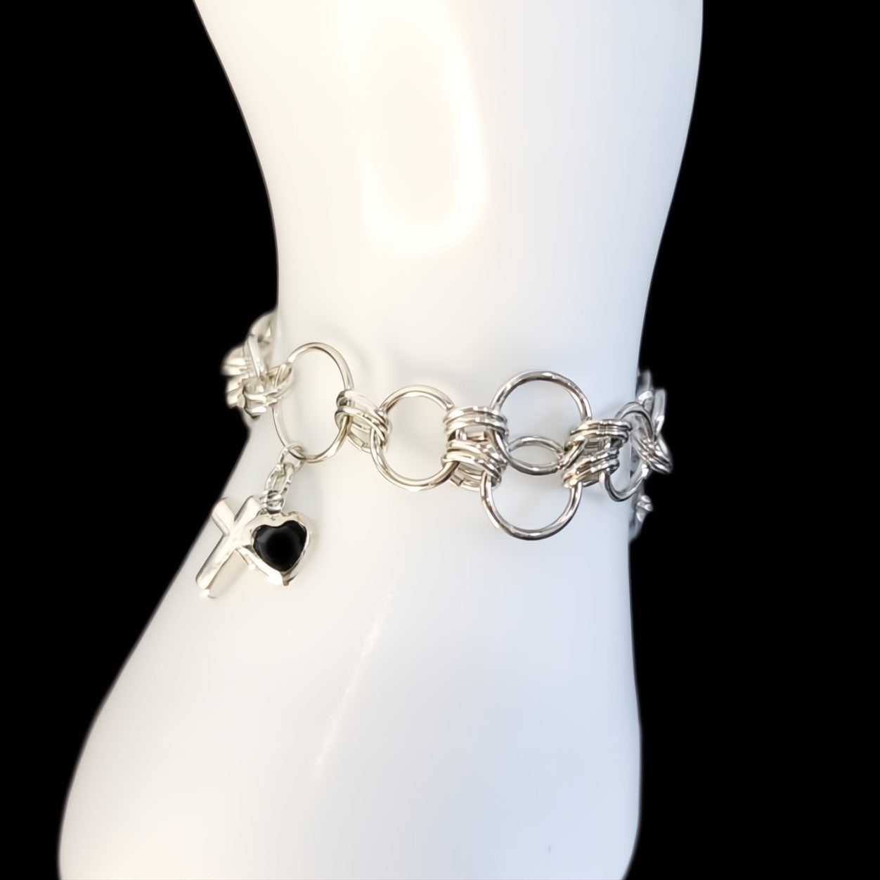 Medieval Silver Cross & Black Heart-Bracelet in Chain Maille