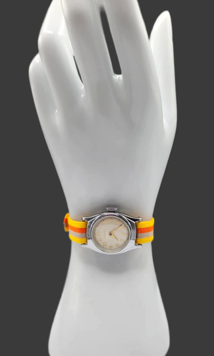 Vintage Style Retro One Piece Nylon Sport Watch Bands in Striped Yellow, Orange & Beige for 12mm Watch Lugs