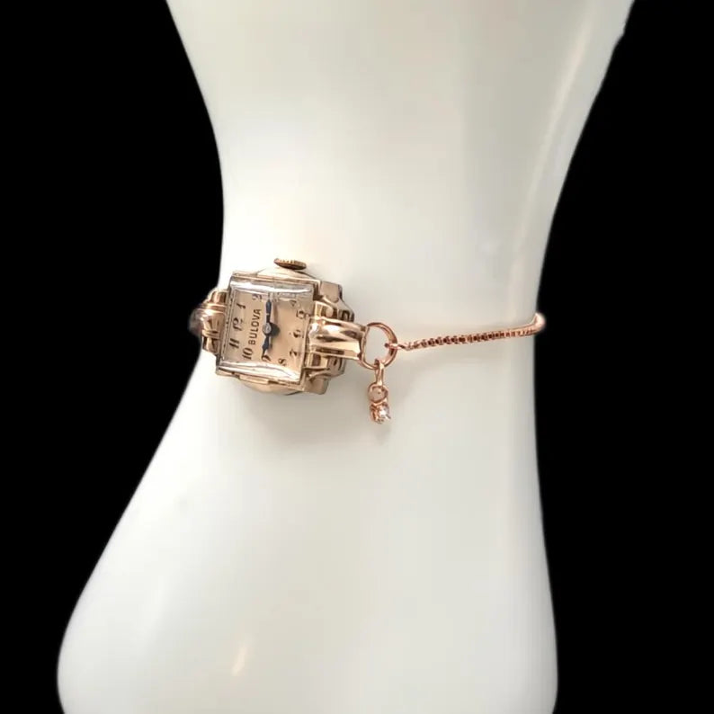 Rose Gold Vintage Bulova Womens Mechanical Watch With Moissanite Charm