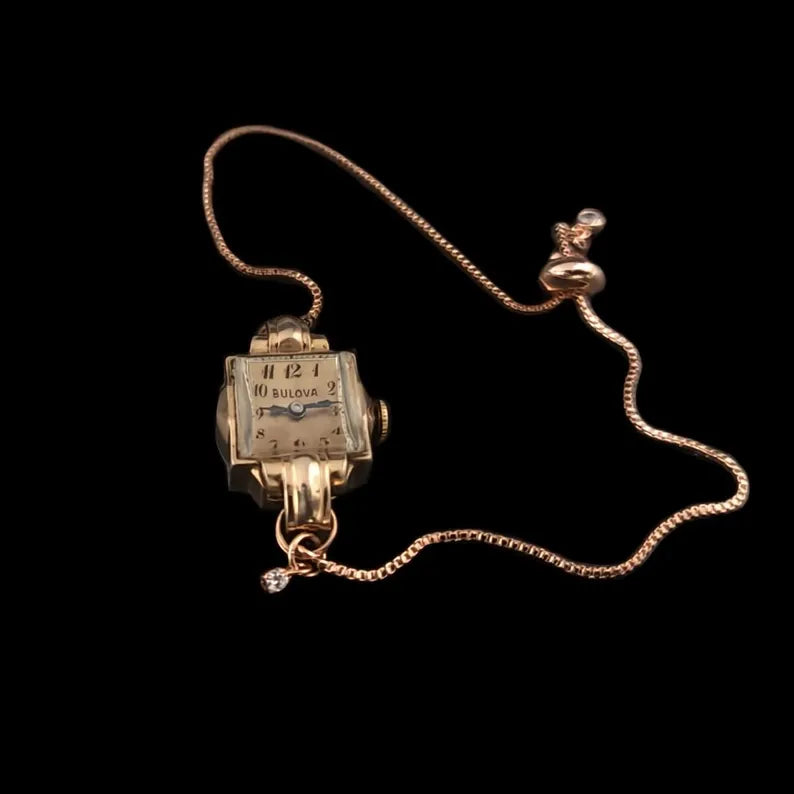 Rose Gold Vintage Bulova Womens Mechanical Watch With Moissanite Charm